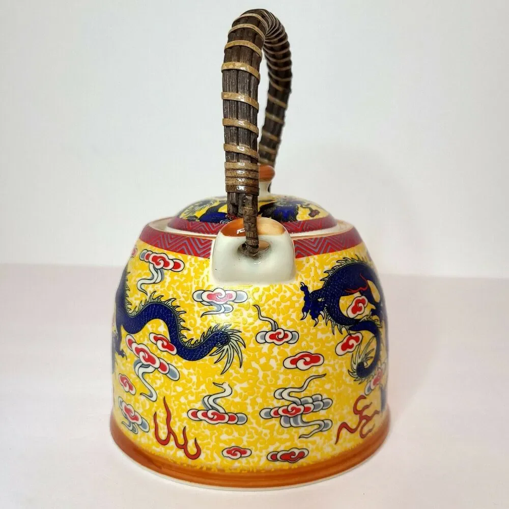 Mia Ko's Blue Dragon & Yellow Ceramic Textured Teapot‎ Chinese Dragon Loong Lung